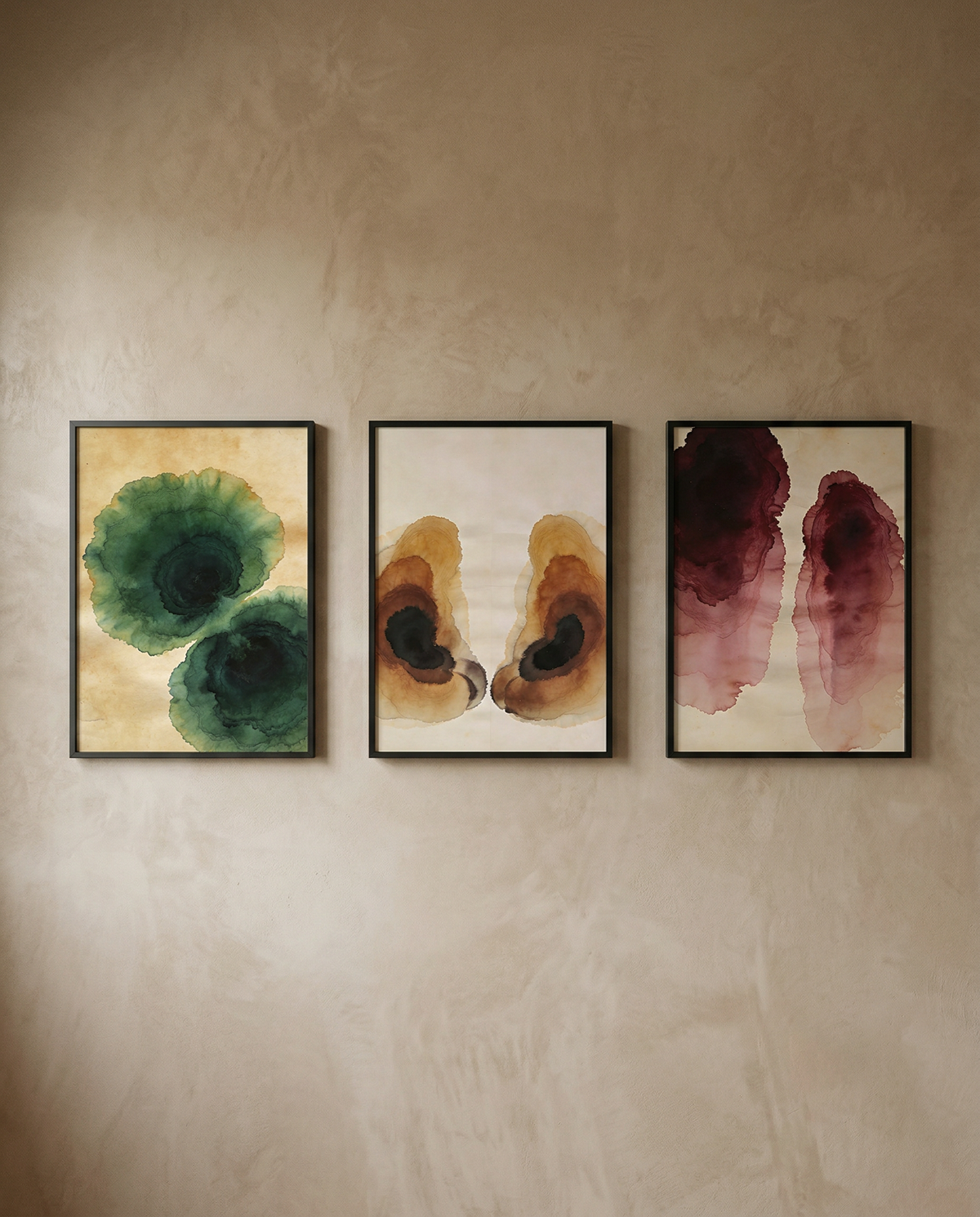 Still Water Complete Bathroom Collection | Three abstract wall art prints | Forest green amber burgundy | Avalur Studio