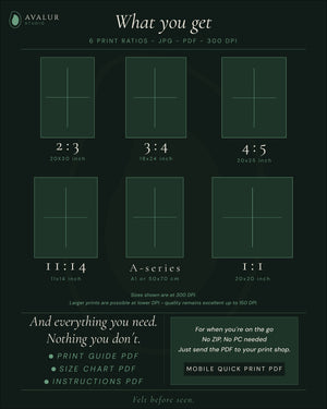 Printable wall art size chart | 6 ratios 300 DPI | Avalur Studio