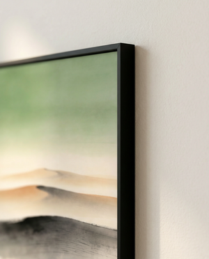 Abstract ink wash wall art printable | Sage sky above warm sand dunes on parchment | Far Collection