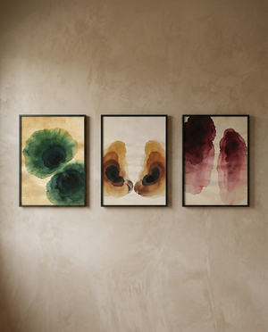 Still Water Complete Bathroom Collection | Three abstract wall art prints | Forest green amber burgundy | Avalur Studio