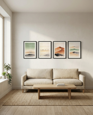 Far Complete Living Collection | Four abstract landscape wall art prints | Sand sage terracotta charcoal | Avalur Studio