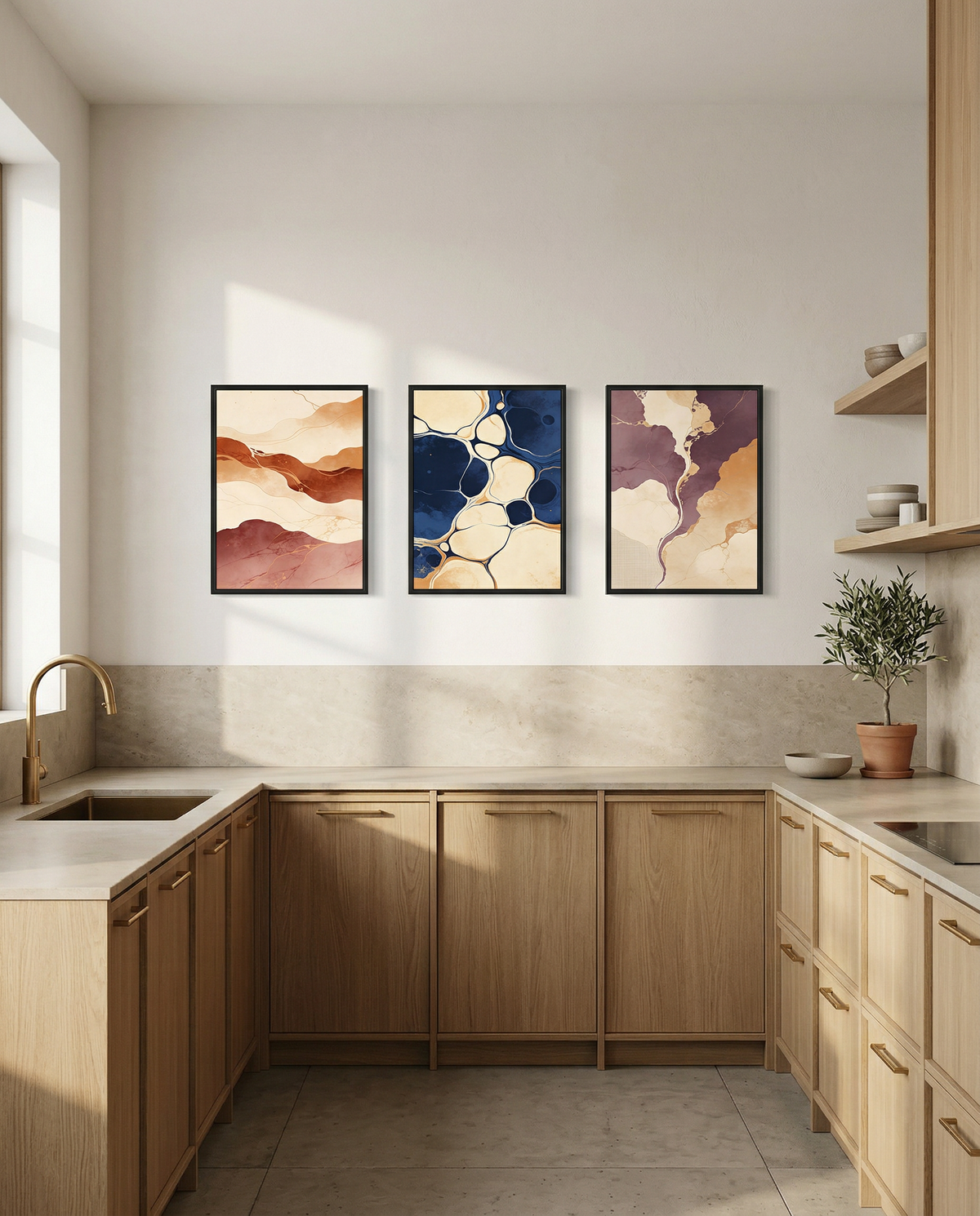 Strata Complete Kitchen Collection | Three abstract wall art prints | Terracotta navy mauve | Avalur Studio