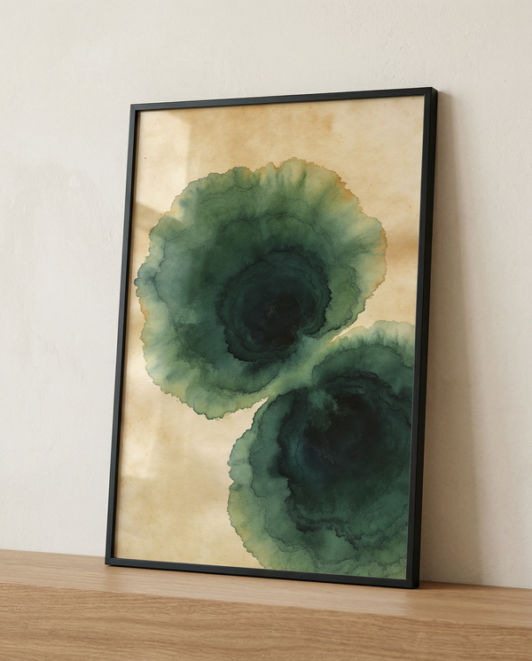 Abstract watercolor wall art printable | Deep forest green and parchment | Still Water Collection